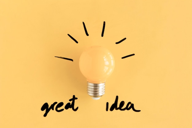 Illuminated yellow light bulb with great idea text