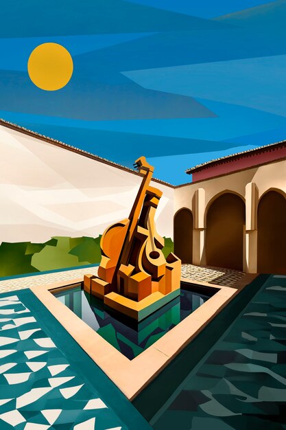 Illustration of abstract fountain in a patio