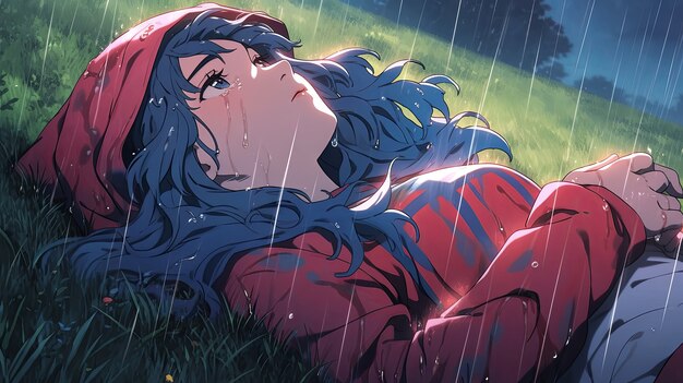 Illustration of anime character in the rain