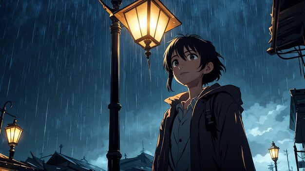 雨の中のアニメキャラクターのイラスト