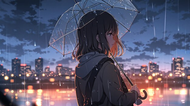 Illustration of anime character in the rain