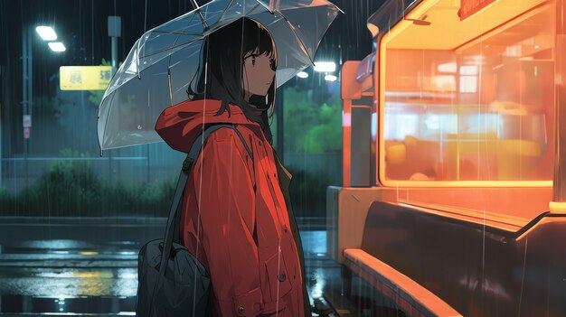 雨の中のアニメキャラクターのイラスト