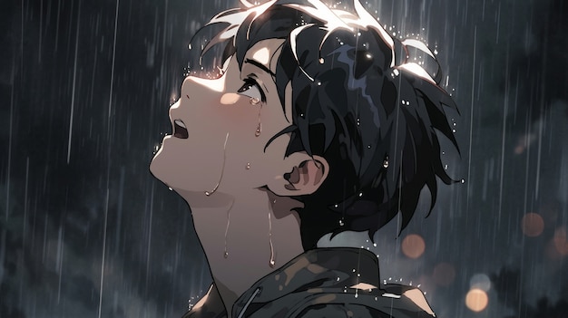 Иллюстрация персонажа аниме под дождем