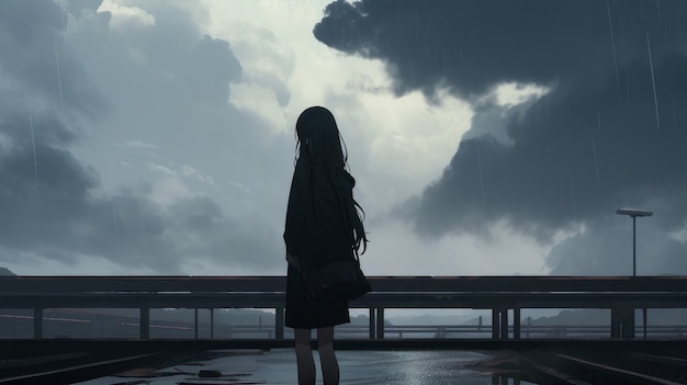 Illustration of anime character in the rain