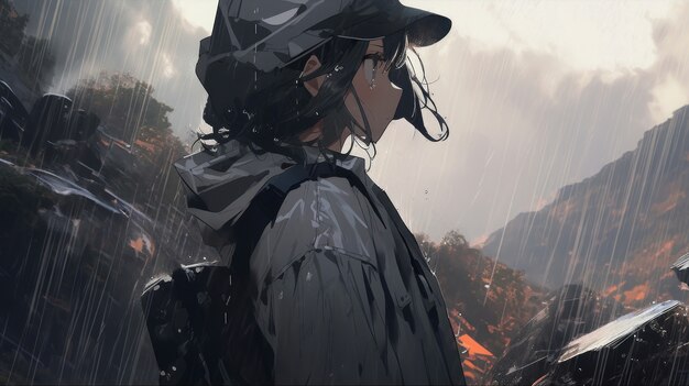 Illustration of anime character in the rain