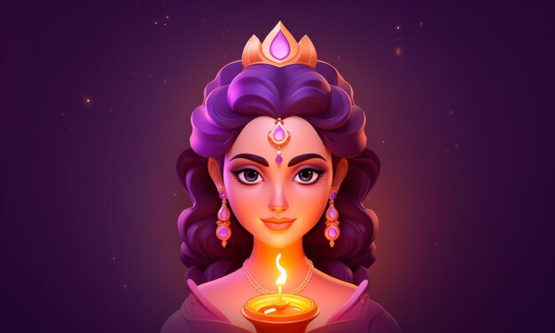 Illustration of beautiful Indian woman with traditional clothes and candle on purple background