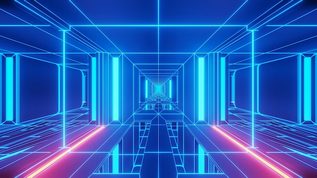 Illustration of blue lights in rectangular shapes flowing into one direction