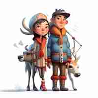 Foto gratuita illustrazione di un ragazzo e una ragazza con un bufalo su uno sfondo bianco