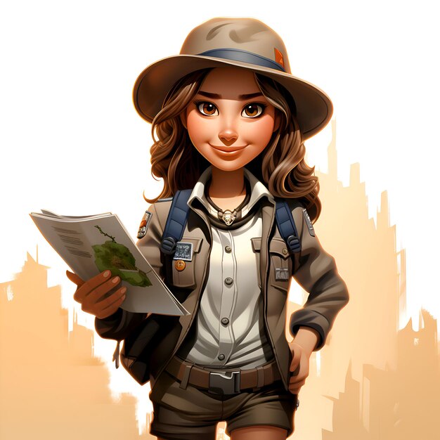 Illustration of a girl scout with map and hat on a city background