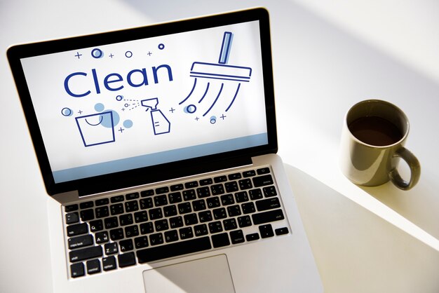 Иллюстрация службы уборки дома на ноутбуке