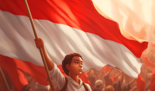 Illustration of an Indonesian Boy Holding an Indonesia Flag in a crowd