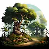 Бесплатное фото Иллюстрация фантастического леса с большим деревом на переднем плане