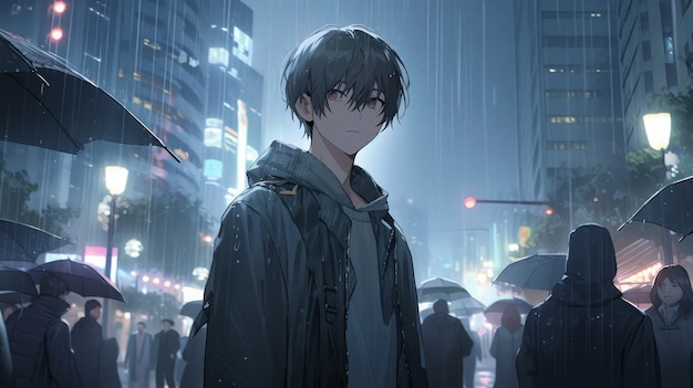 Бесплатное фото Иллюстрация персонажа аниме под дождем