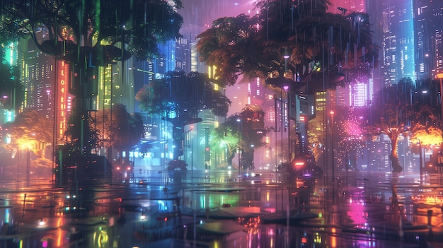 未来都市の雨のイラスト