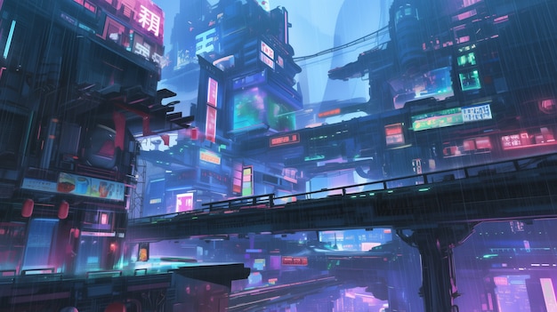 未来都市の雨のイラスト