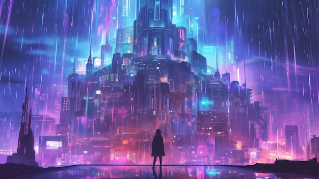 未来都市の雨のイラスト