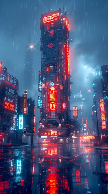 未来都市の雨のイラスト