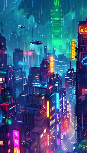 Free photo illustration of rain in the futuristic city