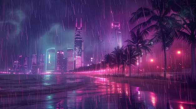 未来都市の雨のイラスト