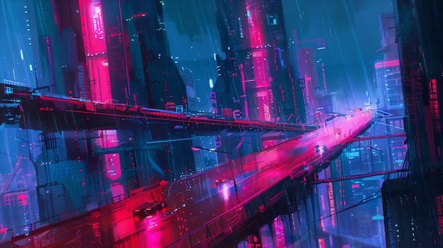 Illustration of rain in the futuristic city