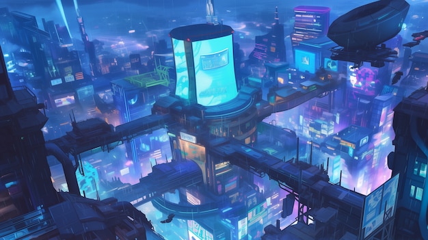 Illustration of rain in the futuristic city