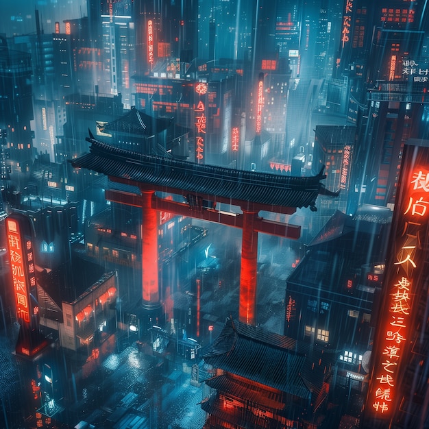 Free photo illustration of rain in the futuristic city