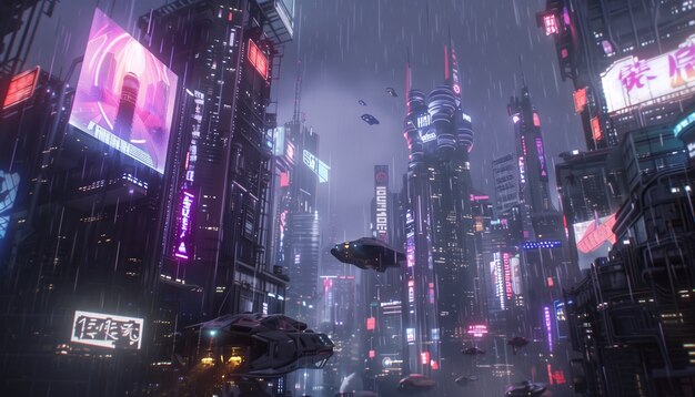 Illustration of rain in the futuristic city