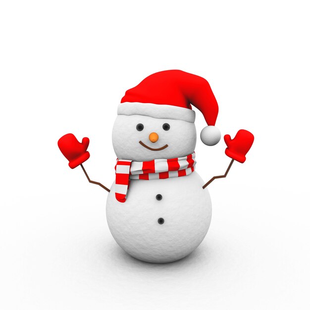 Illustration of a snowman with red gloves, a hat, and scarf isolated on a white background