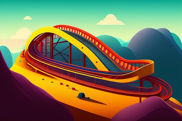 An illustration of a train going through a mountain landscape.