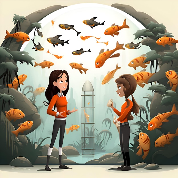 Free photo illustration of two girls in the aquarium with a lot of fish