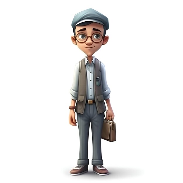 Illustration of a young man with hat and glasses with briefcase