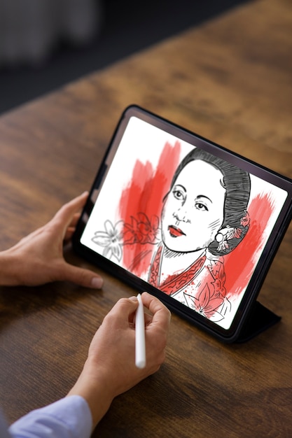 Free photo illustrator drawing on the ipad high angle