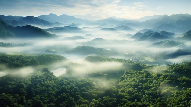 На изображении запечатлен туманный пейзаж джунглей