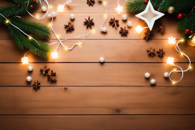 Изображение рождественского баннера с украшением ветвей и огней на деревянном фоне