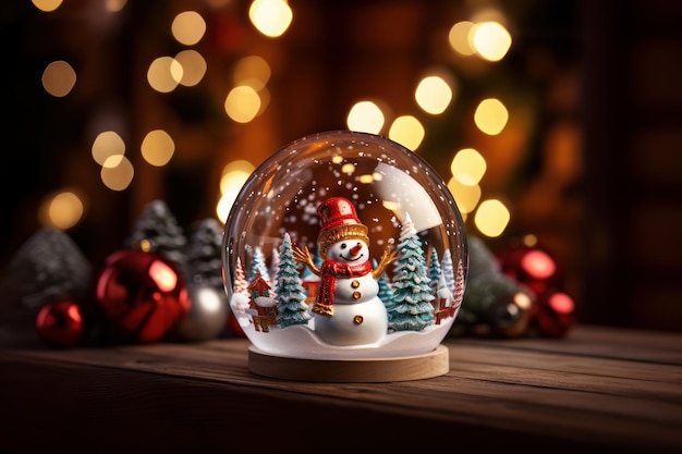 Image of Christmas snow globe on wood with a background of faded lights