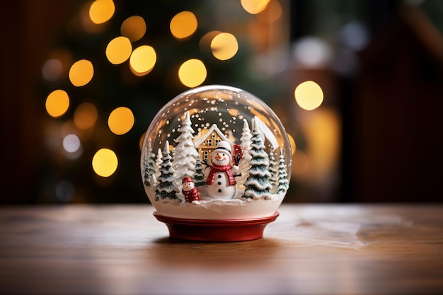 Изображение рождественского снежного шара на деревянном столе на фоне размытых огней