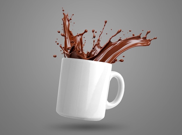 Image of coffee splash on white mug on grey background