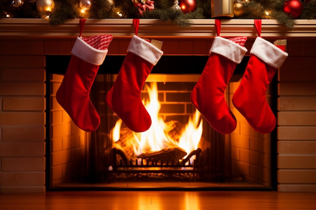 Free photo image of a collection of christmas stockings hung on a decorated fireplace