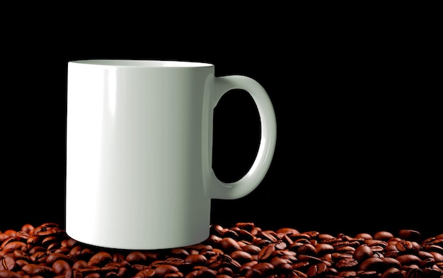 Изображение чашки на горе кофейных зерен на черном фоне