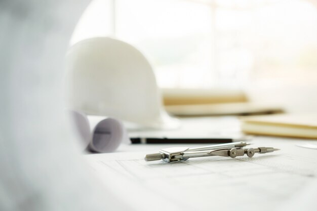 Image of engineering objects on workplace top view.Construction concept. Engineering tools.Vintage tone retro filter effect,soft focus(selective focus)