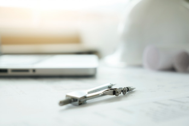 Image of engineering objects on workplace top view.Construction concept. Engineering tools.Vintage tone retro filter effect,soft focus(selective focus)