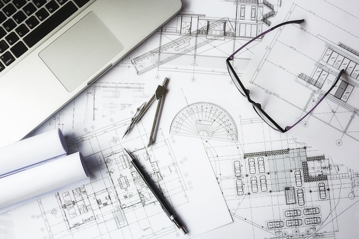 Free Photo image of engineering objects on workplace top view.construction concept. engineering tools.vintage tone retro filter effect,soft focus(selective focus)