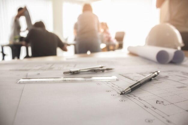 Image of engineering objects on workplace top view.Construction concept. Engineering tools.Vintage tone retro filter effect,soft focus(selective focus)