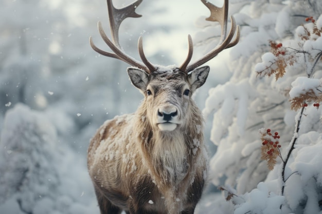 Image of a giant reindeer on a snowy forest background