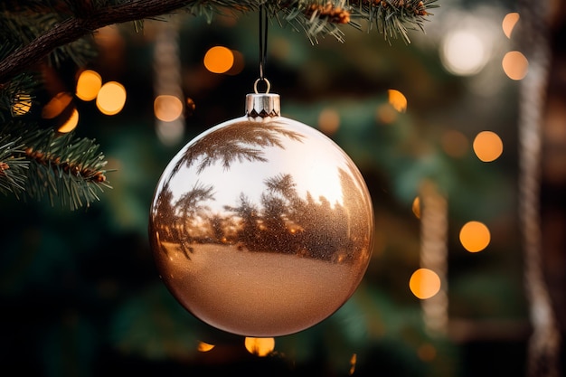 杉の枝にぶら下がっている金色のクリスマスボールの画像