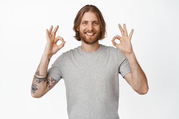 Image of handsome blond bearded guy, man showing OK okay sign in approval, nod to praise, compliment you, like something good, standing over white background