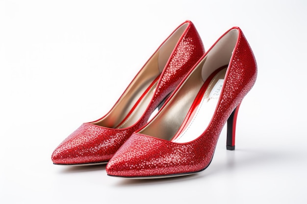 Бесплатное фото Изображение пары красных блестящих высоких каблуков на белом фоне
