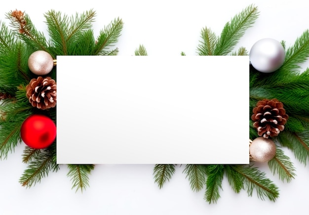 無料写真 クリスマスボールを飾った杉の枝の装飾的な背景にテキストを描いた白いカードの画像