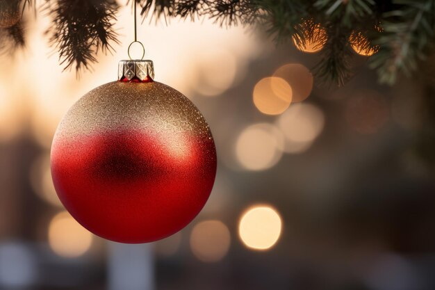 Image of a red ball with gold glitter hanging from the branch of a fir tree