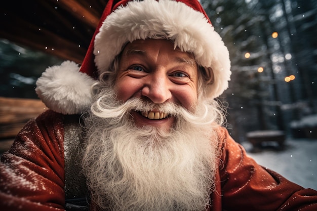 Изображение Санта-Клауса, фотографирующего себя улыбающимся на фоне леса.